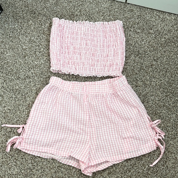 Altar'd State Tops - Altar’d State Pink Gingham Tube Top and Shorts Set